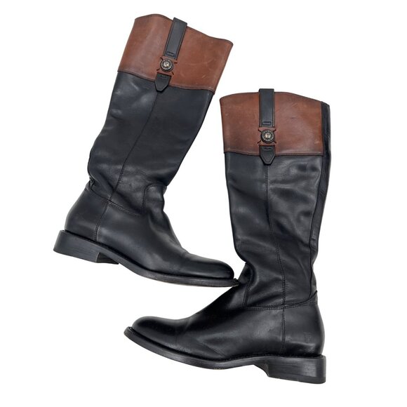 Frye Womens Black & Brown Leather Riding Boots Size 7 B With Side Zippers - Picture 1 of 9